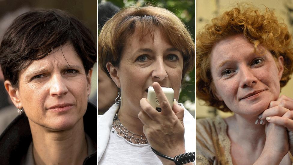 Sandrine Rousseau (L), Isabelle Attard (C) and Elen Debost (R) are among eight Greens alleging some kind of harassment involving former deputy speaker Denis Baupin