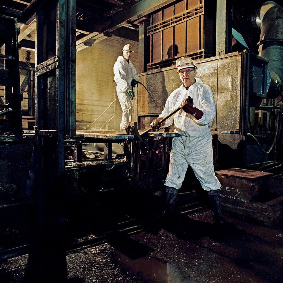 Mike Gardner (front), Team Leader - Electronic Tinning Line, 32 years at the Works