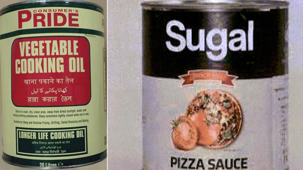 Cooking oil tin (left) and pizza sauce can