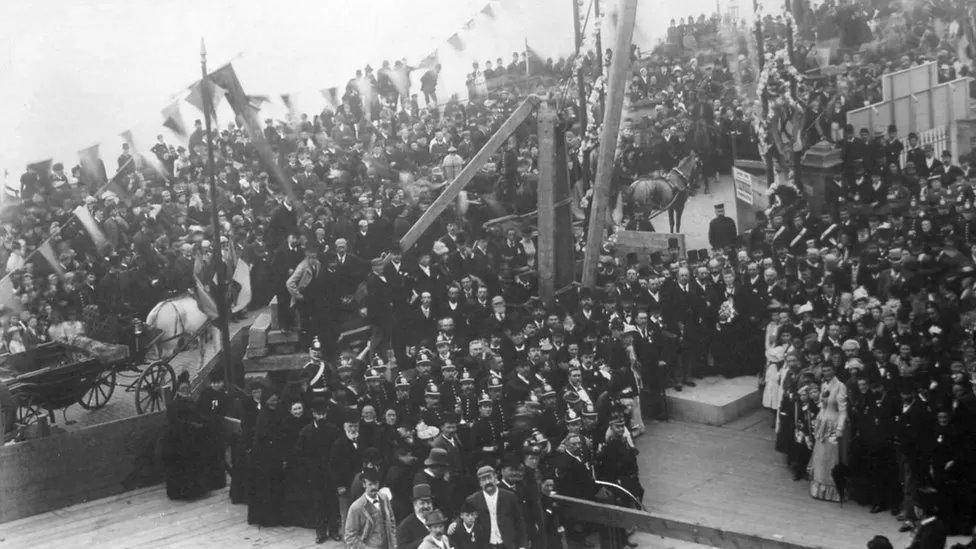 Thousands lined the street of Blackpool's promenade to view the first stone being laid on 29 September 1891