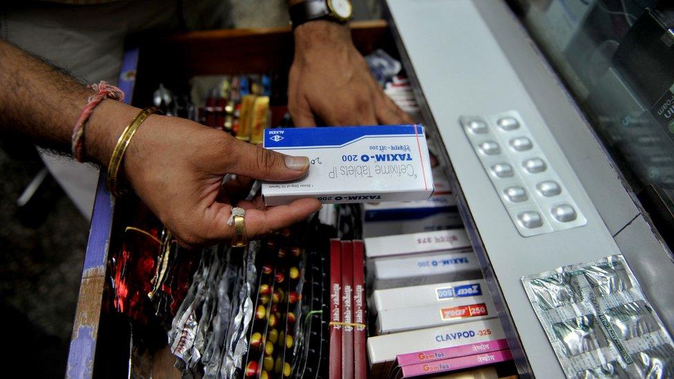 Antibiotics displayed at a chemist's shop in Mumbai