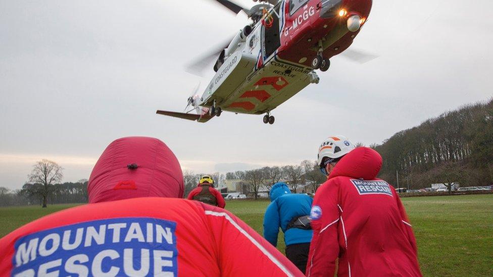 Helicopter and mountain rescue crew