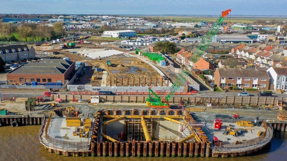 Aerial image of the western approach and construction work to what will become the third river crossing in Great Yarmouth