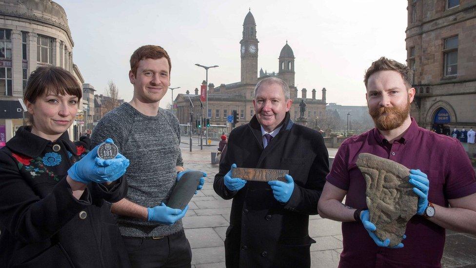 Museum decant team members Stella Hook, Archie Henderson, Cllr Jim Harte and Joel Fagan