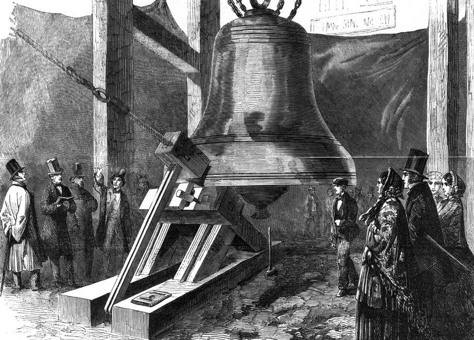 Engraving of Big Ben being tested