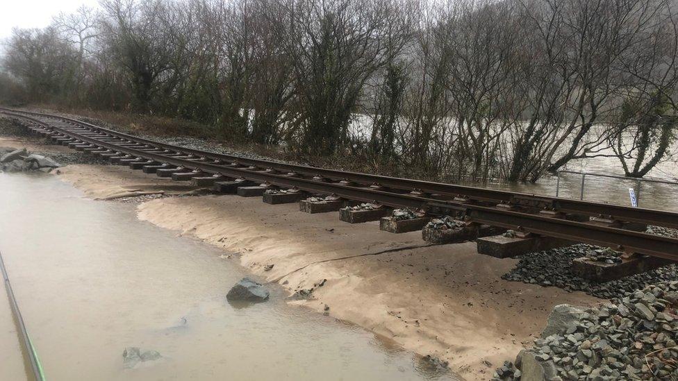 Conwy Valley Line rail lines with track bed washed away by storms