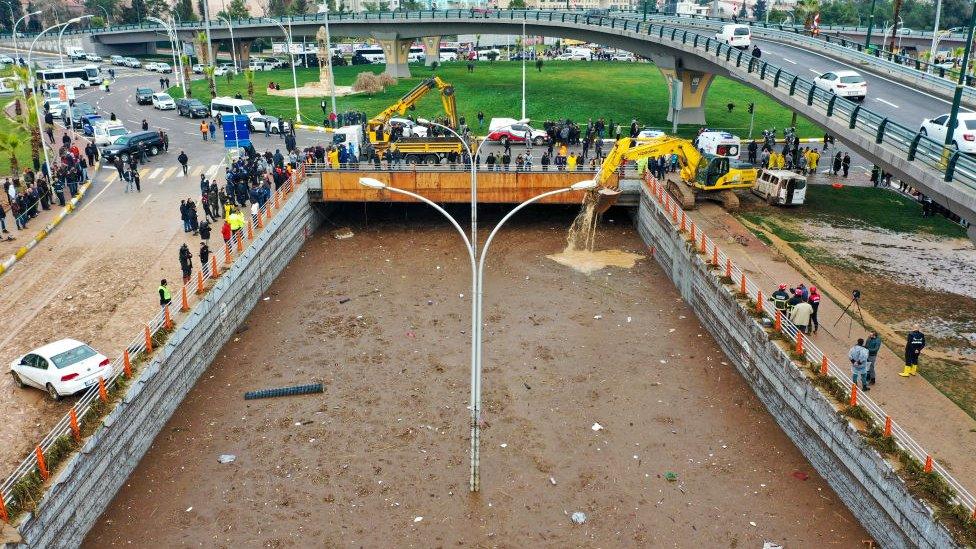 An aerial view of the flooded area as rescue works continue for those stranded due to floods in Sanliurfa, Turkiye on March 15