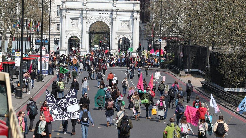 Demonstrators during a Extinction Rebellion protest at Marble Arch