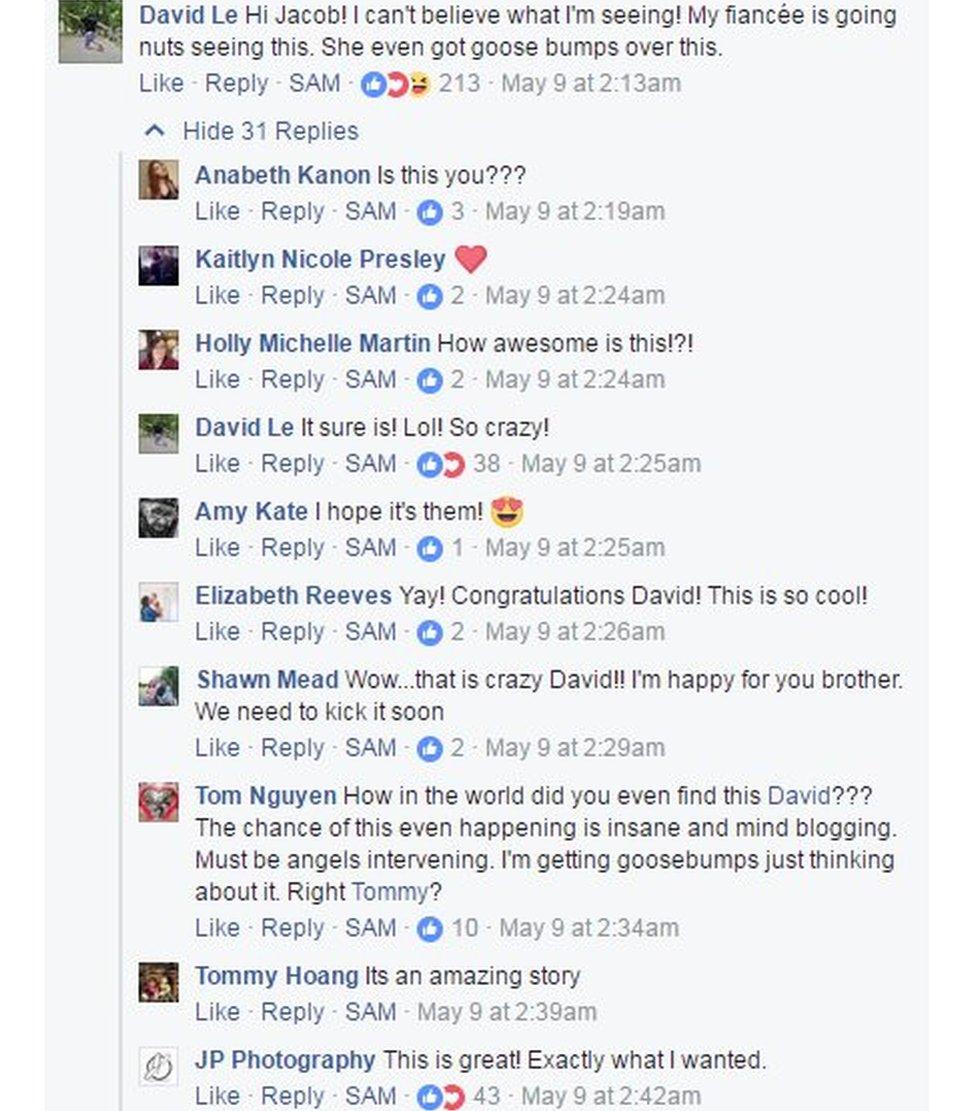 Facebook messages with David Le and friends saying they couldn't believe what they were seeing