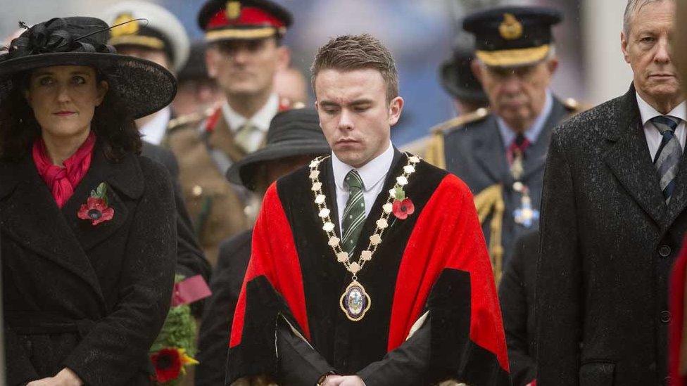 Theresa Villiers, Deputy Lord Mayor Guy Spence and Peter Robinson were at the Belfast commemoration