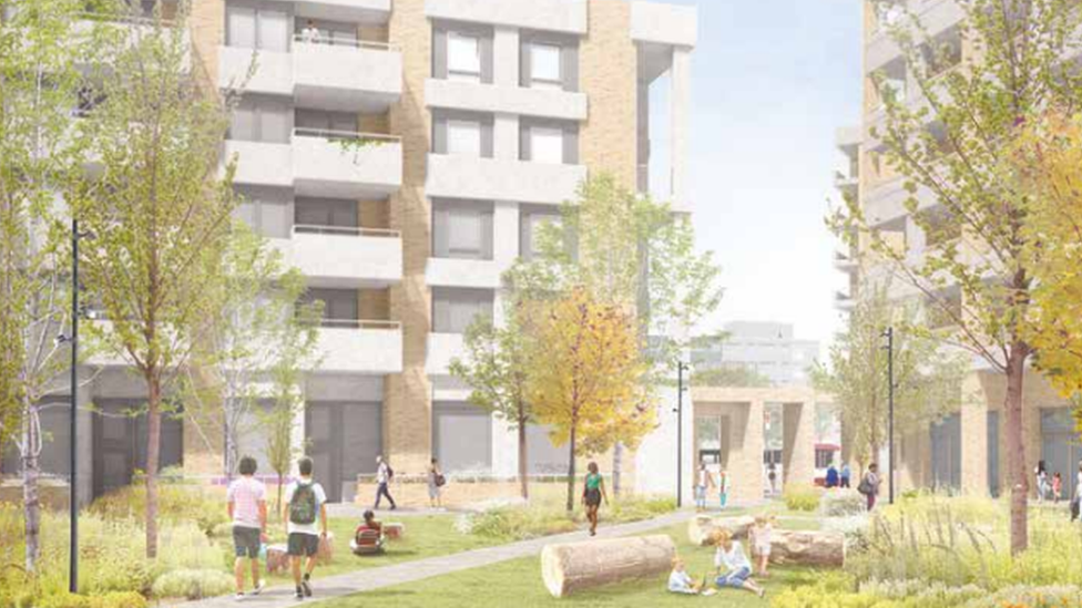 Design for new Broadwater Farm estate showing trees, green spaces and white tower blocks with balconies