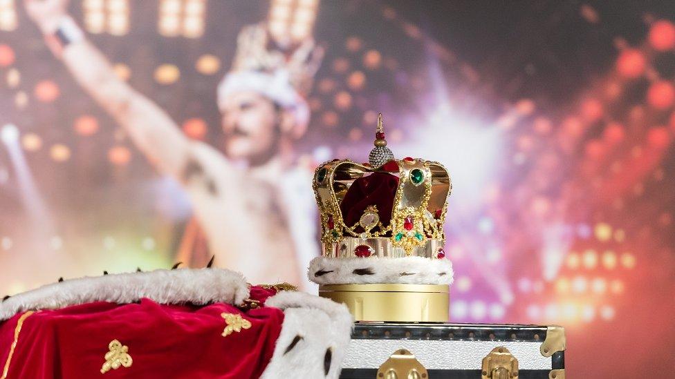 Mercury's crown and accompanying cloak, in fake fur, red velvet and rhinestones, made by his friend and costume designer Diana Moseley