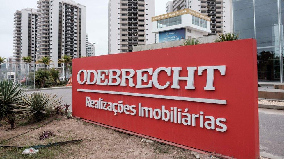 A logo of Brazilian construction company Odebrecht at the Olympic and Paralympic Village in Rio de Janeiro, Brazil