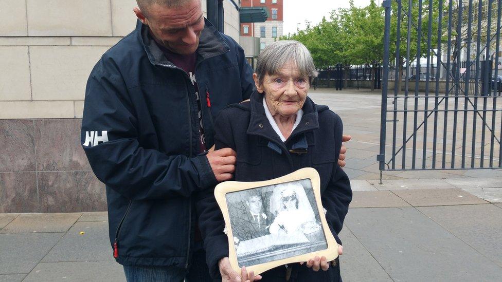 Bernard Watt's widow Teresa, and her son Sean, at the inquest into his shooting in Belfast