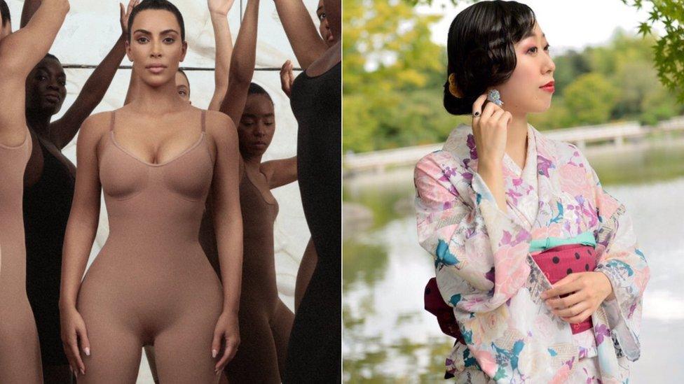 Kim Kardashian West wearing Kimoni Intimates and a woman wearing a traditional kimono