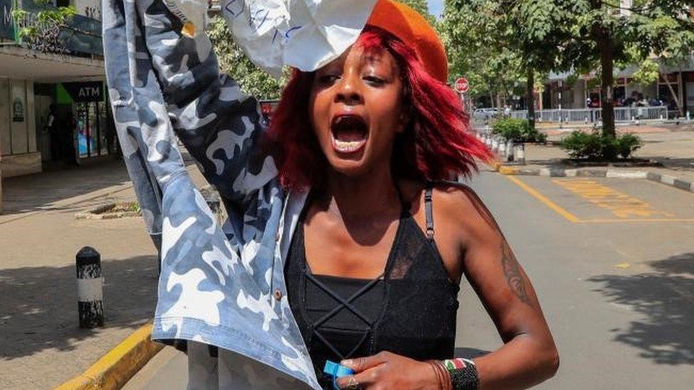 A supporter of Kenyan opposition leader Raila Odinga of the Azimio La Umoja (Declaration of Unity) One Kenya Alliance, participates in a nationwide protest over cost of living and President William Ruto's government in downtown Nairobi, Kenya March 20, 2023