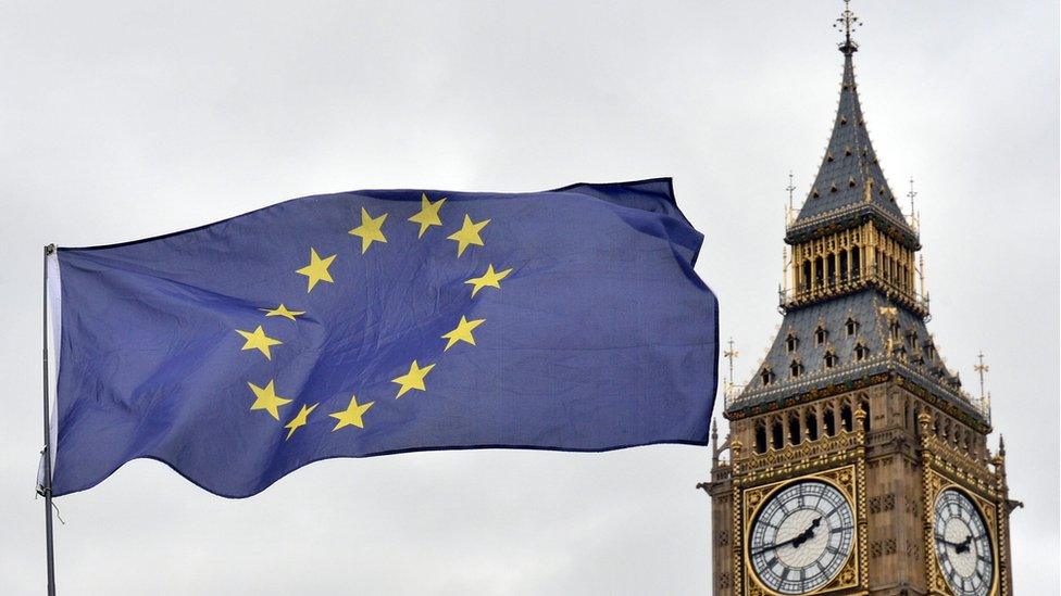 EU flag flying in front of the Houses of Parliament in London.