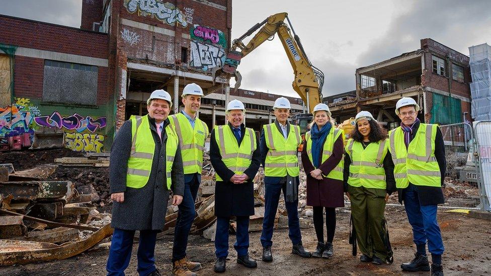 Left to right - Cllr John Cotton, Leader of Birmingham City Council; Matt Burgin, Joint MD of Stoford; Nick Owen, BBC Midlands Today; Tim Davie, BBC Director-General; Hayley Valentine, Head of BBC Midlands; Kaylee Golding, BBC Radio 1xtra; Andy Street, the Mayor of the West Midlands