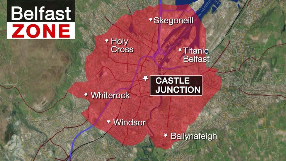 A graphic showing the two-mile radius from Belfast city centre in which the new laws for hailing taxis will apply