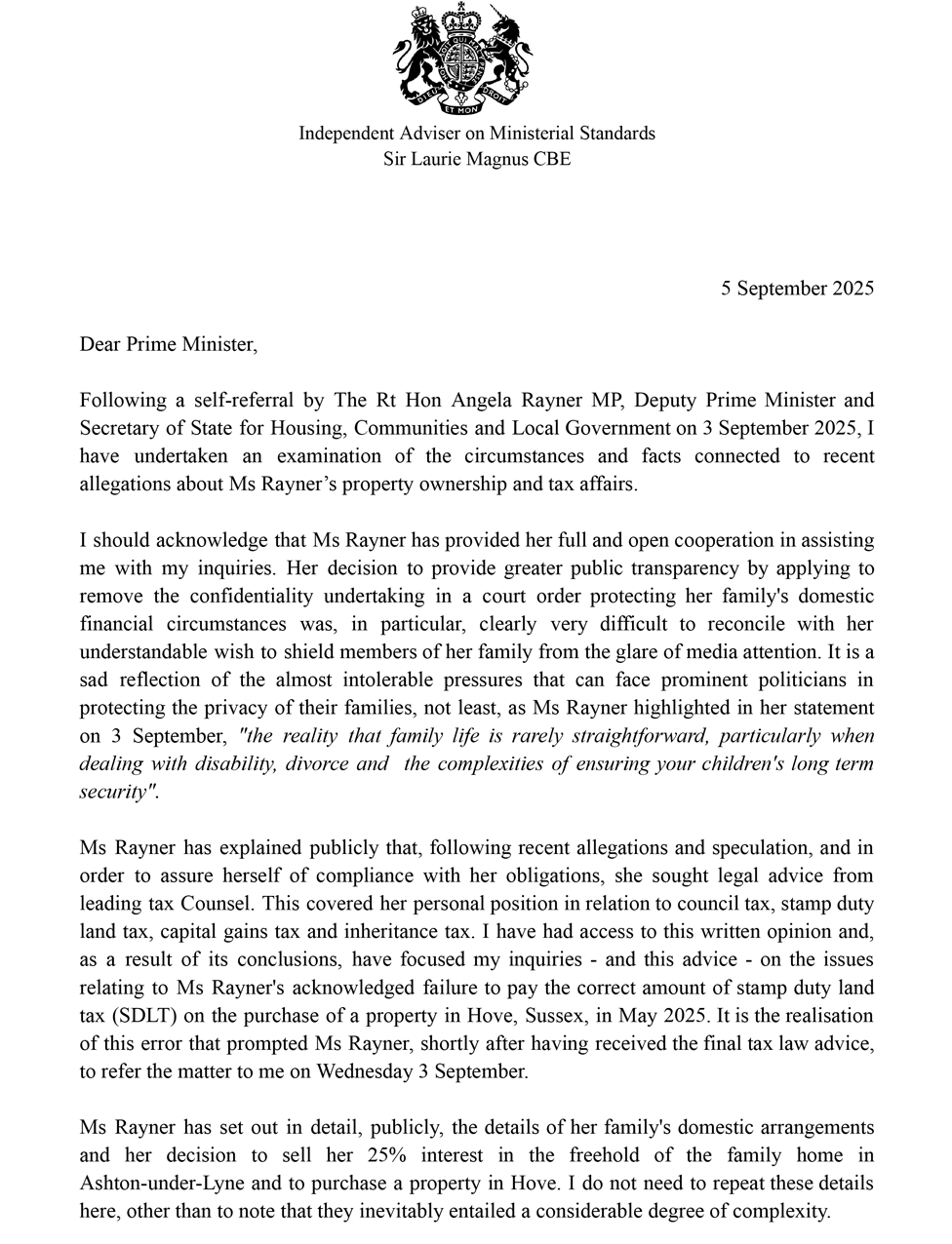 The first page of Sir Laurie Magnus's letter from the Independent Adviser on Ministerial Standards, acknowledging Angela Rayner broke the Ministerial Code.