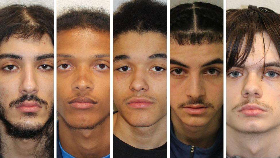 A composite image of the mugshots of the five men.
