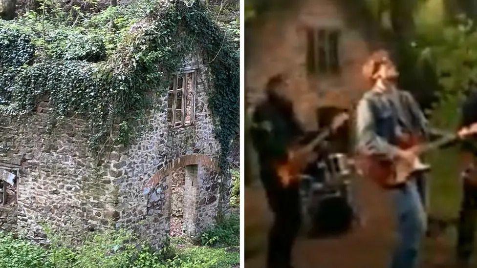 Two pictures are seen next to each other, comparing the mill as it stands now with the mill seen in the background of the Bryan Adams music video.