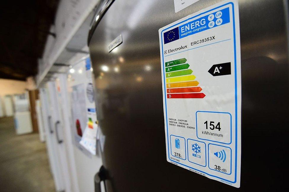 A fridge with an "A+" energy rating label