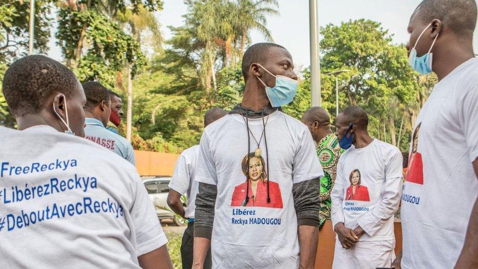 Supporters of Reckya Madougou's stand at the Court of Repression of Economic Offences and Terrorism (CRIET), in Porto-novo on December 10, 2021