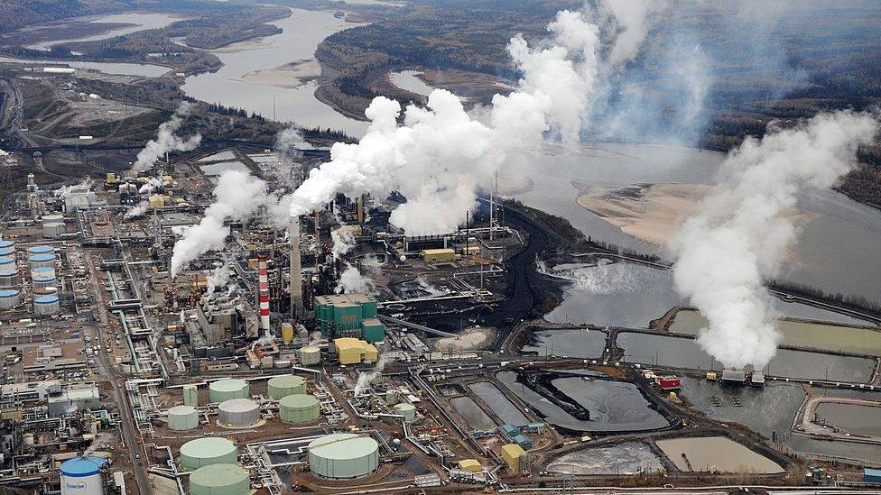 Aerial view of the Suncor oil sands extraction facility near the town of Fort McMurray in Alberta on October