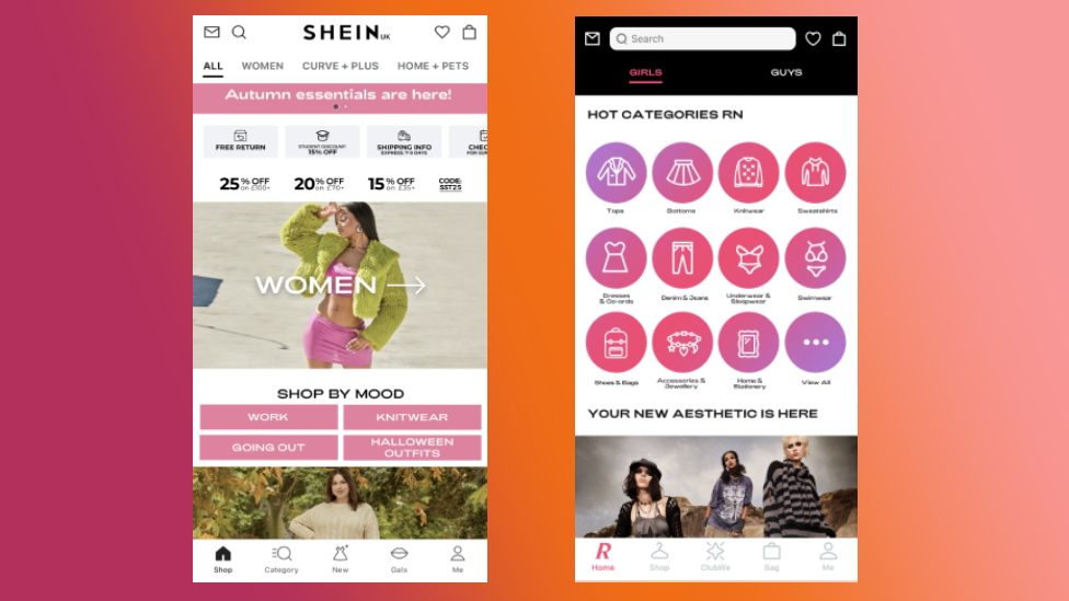 Two screenshots of Shein and Romwe app's against a gradient background