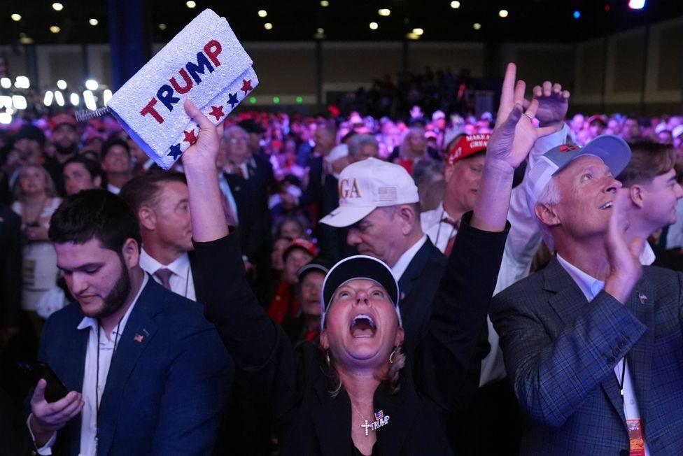 Supporters watch returns at a campaign election night watch party for Republican presidential nominee former President Donald Trump at the Palm Beach Convention Center, Wednesday, Nov. 6, 2024, in West Palm Beach, Florida