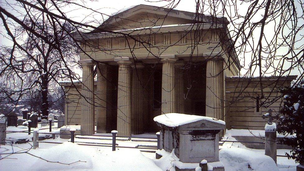 West Norwood Cemetery chapel covered in snow