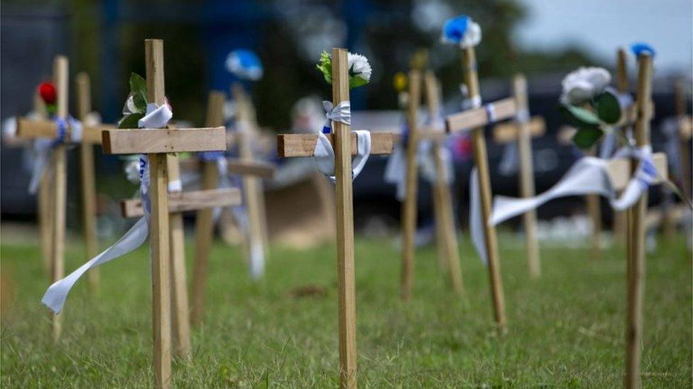 Several crosses in honour of people who died during the anti-government protests, in Managua