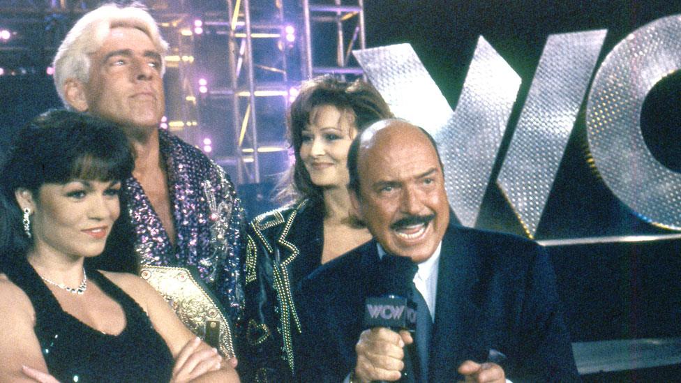 Okerlund with Ric Flair, Miss Elizabeth and another unnamed woman