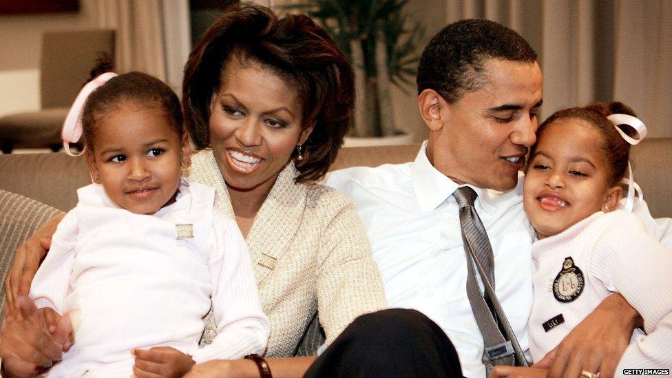 Barack Obama his wife Michelle and daughters Sasha (L) and Malia (R) as they wait for election returns to come in November 2, 2004