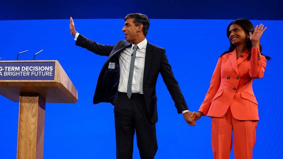 Rishi Sunak and his wife, Akshata Murty, after his speech at the Conservative Party conference