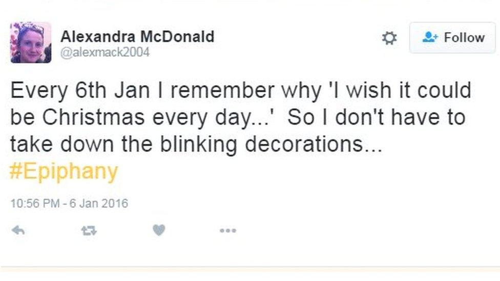 Tweet: Every 6th Jan I remember why I wish it could be Christmas every day so I don't have to take down the blinking decorations