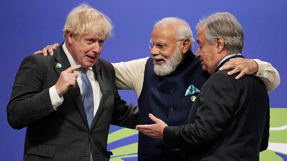 Prime Minister Boris Johnson (left), India's Prime Minister Narendra Modi (centre) and United Nations Secretary General Antonio Guterres at the UN Climate Change Conference (COP26) in Glasgow, Scotland, on 1 November 2021