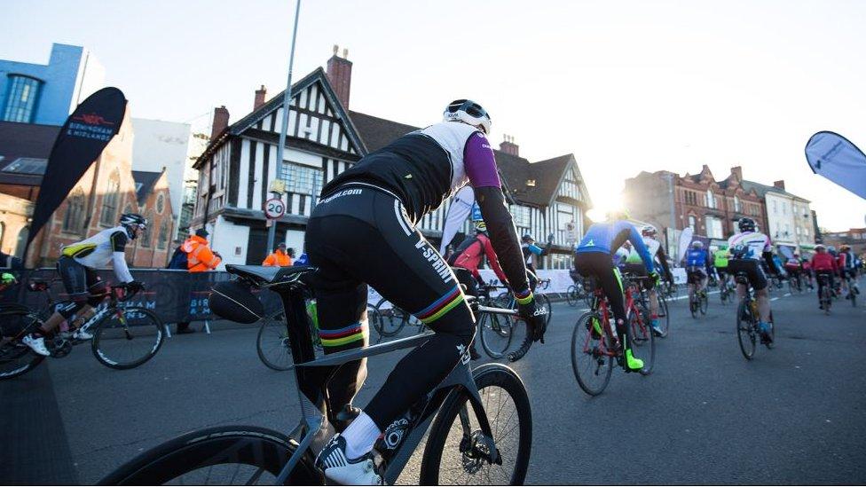 Cyclists leaving start line in Birmingham