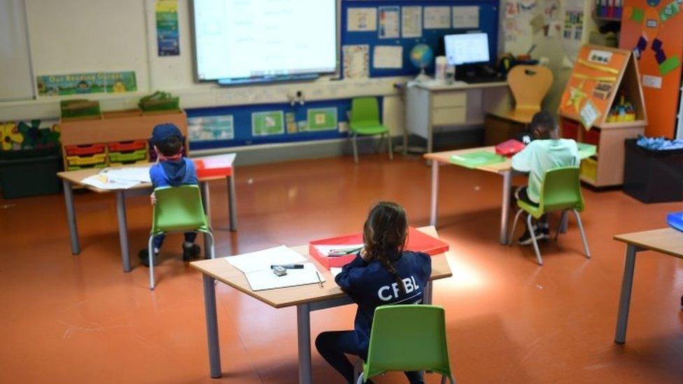 A classroom in north London set up for new socially-distant learning