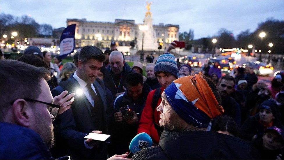 Kevin Sinfield talks to reporters on the Mall