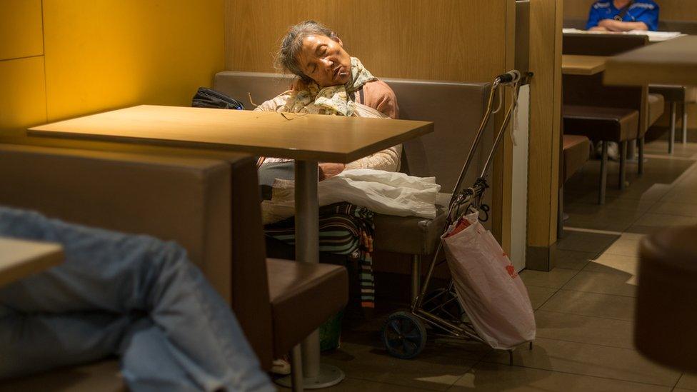 Old lady asleep in McDonald's