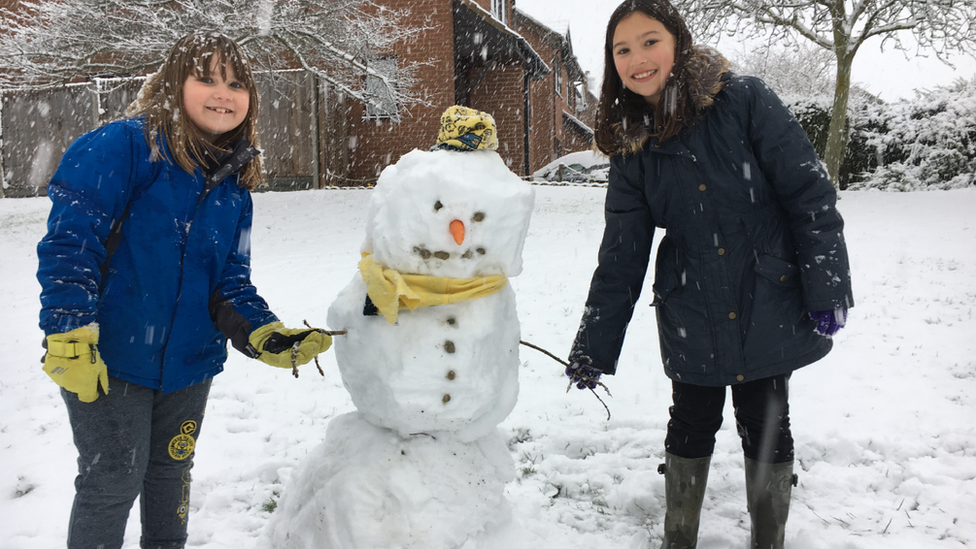 Two girls with a snowman