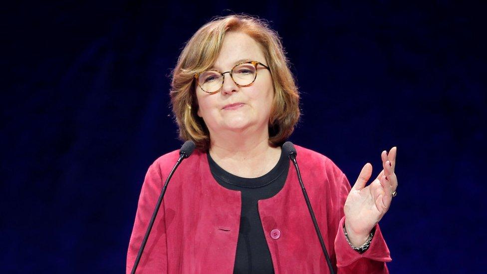 Nathalie Loiseau, head of the Renaissance (Renewal) list for the European elections, delivers a speech during a political rally