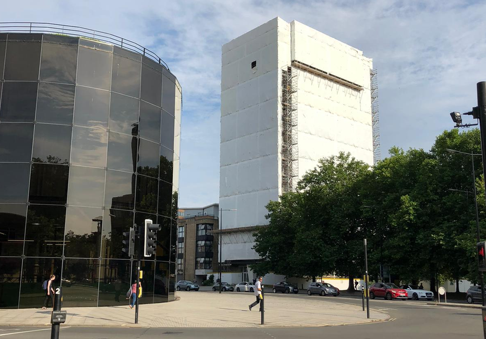 St Francis Tower, Ipswich wrapped in protective plastic and scaffolding