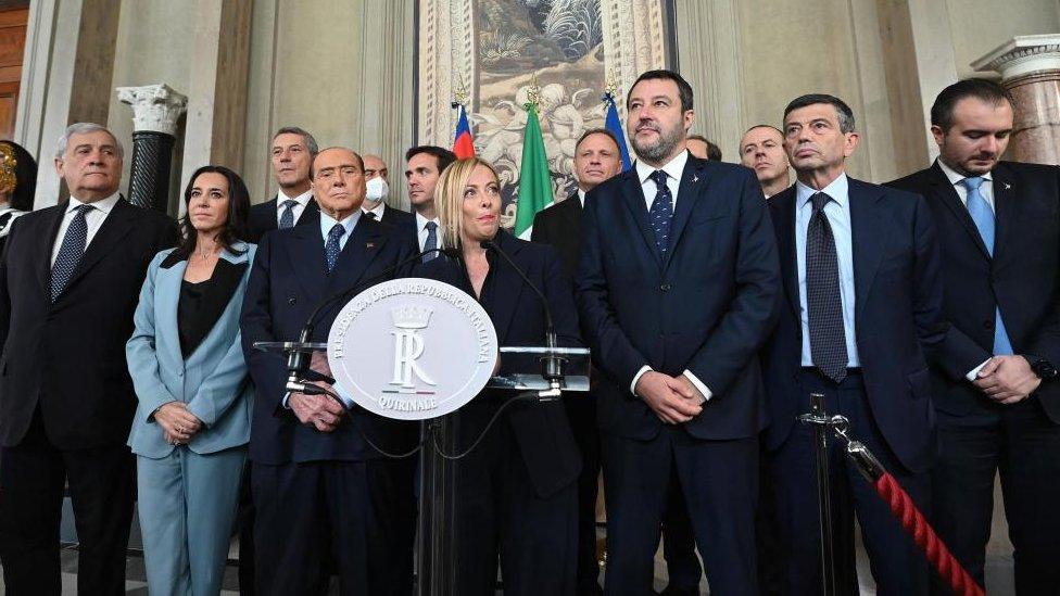 (L-R) Antonio Tajani, Licia Ronzulli, Antonio De Poli, Former premier and leader of the Forza Italia (FI) party Silvio Berlusconi, Alessandro Cattaneo, President of the Brothers of Italy party (Fratelli d'Italia), (FdI) Giorgia Meloni, Francesco Lollobrigida, Italian Lega party leader Matteo Salvini, Massimiliano Romeo, Maurizio Lupi and Riccardo Molinari