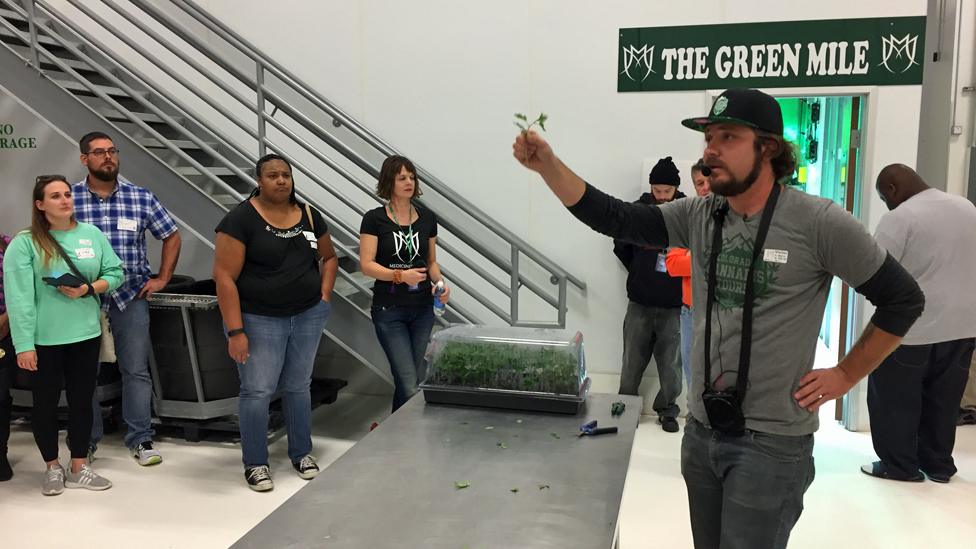 Tour operator Mike Eymer speaks to cannabis tourists in Colorado