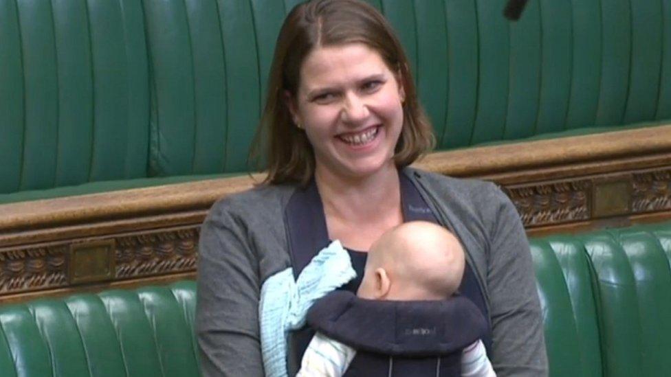 Jo Swinson in the Commons with baby Gabriel