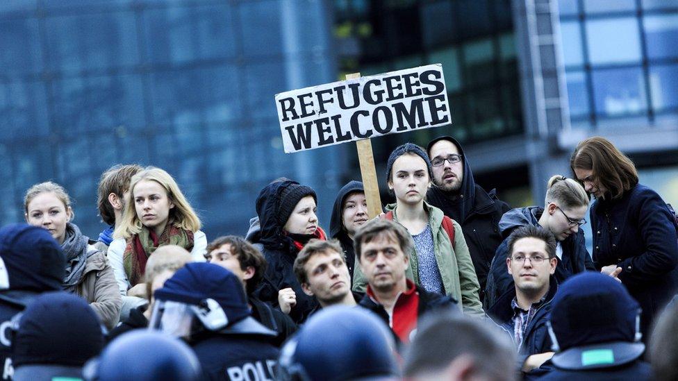 Left wing activists protest against supporters of the Alternative fuer Deutschland (Alternative for Germany) political party in 2015