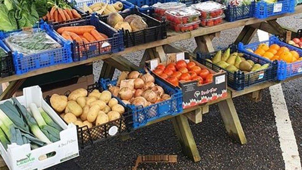 Fruit and veg on a pub bench